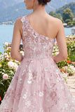Floral One Shoulder A Line Pink Short Corset Homecoming Dress