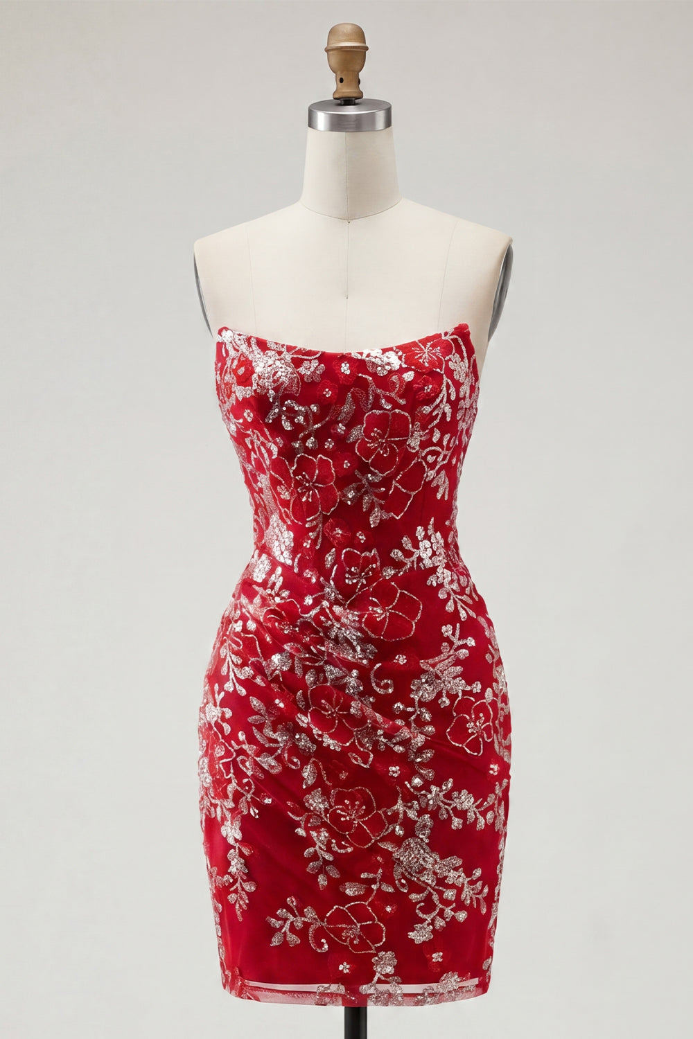 Sparkly Red Tight Short Beaded Ruched Floral Strapless Homecoming Dress