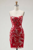 Sparkly Red Tight Short Beaded Ruched Floral Strapless Homecoming Dress