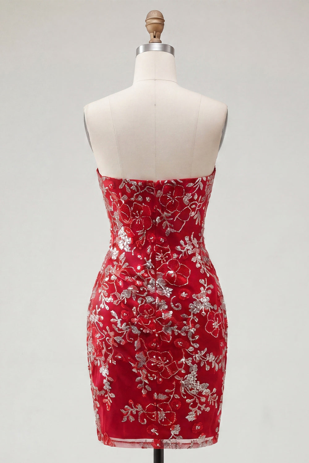 Sparkly Red Tight Short Beaded Ruched Floral Strapless Homecoming Dress