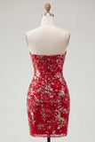 Sparkly Red Tight Short Beaded Ruched Floral Strapless Homecoming Dress