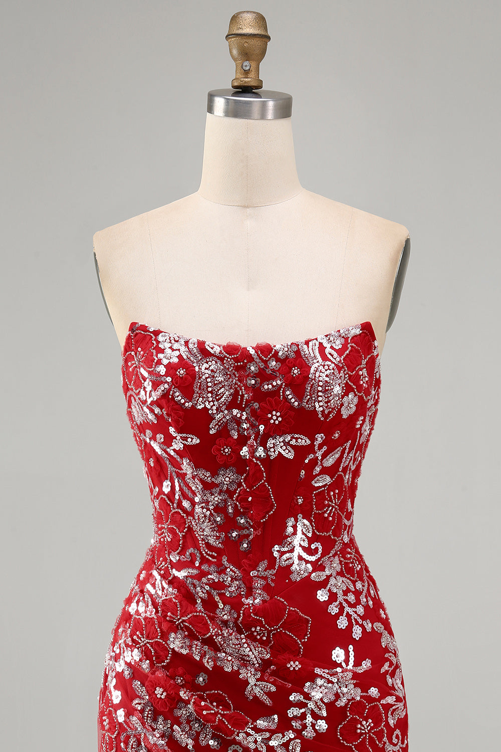 Sparkly Red Tight Short Beaded Ruched Floral Strapless Homecoming Dress