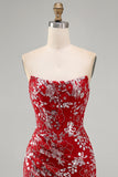 Sparkly Red Tight Short Beaded Ruched Floral Strapless Homecoming Dress
