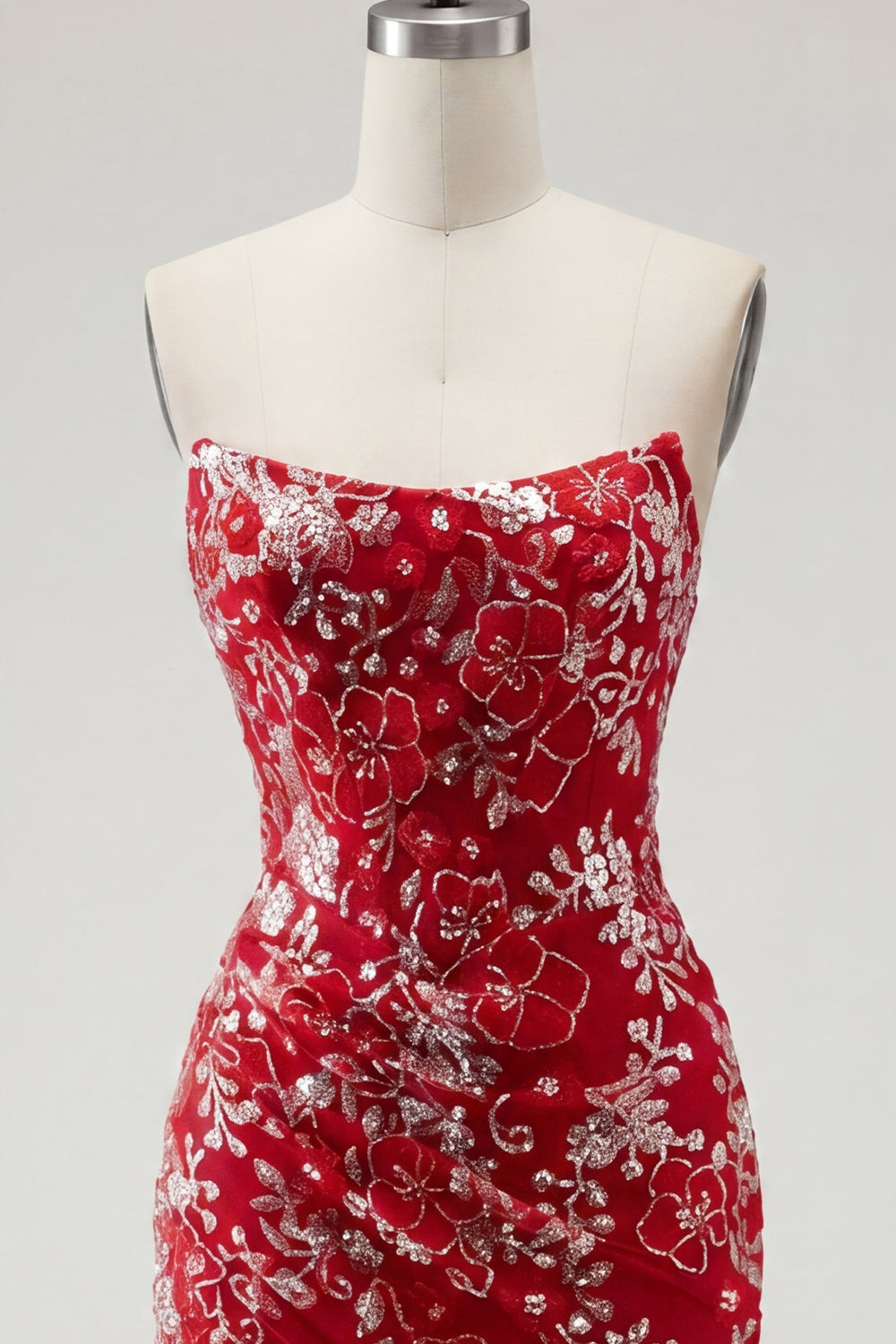 Sparkly Red Tight Short Beaded Ruched Floral Strapless Homecoming Dress