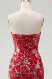Sparkly Red Tight Short Beaded Ruched Floral Strapless Homecoming Dress
