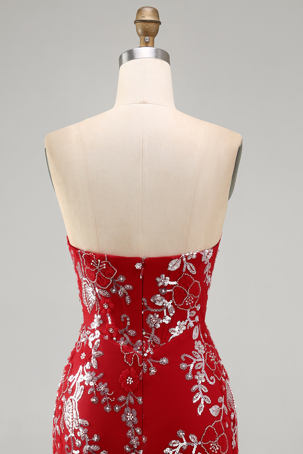 Sparkly Red Tight Short Beaded Ruched Floral Strapless Homecoming Dress