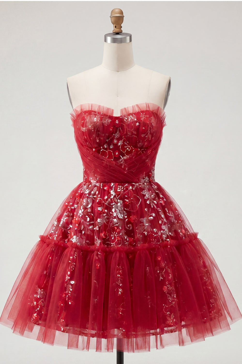 A Line Sparkly Red Short Beaded Ruched Floral Homecoming Dress with Ruffles