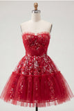 A Line Sparkly Red Short Beaded Ruched Floral Homecoming Dress with Ruffles