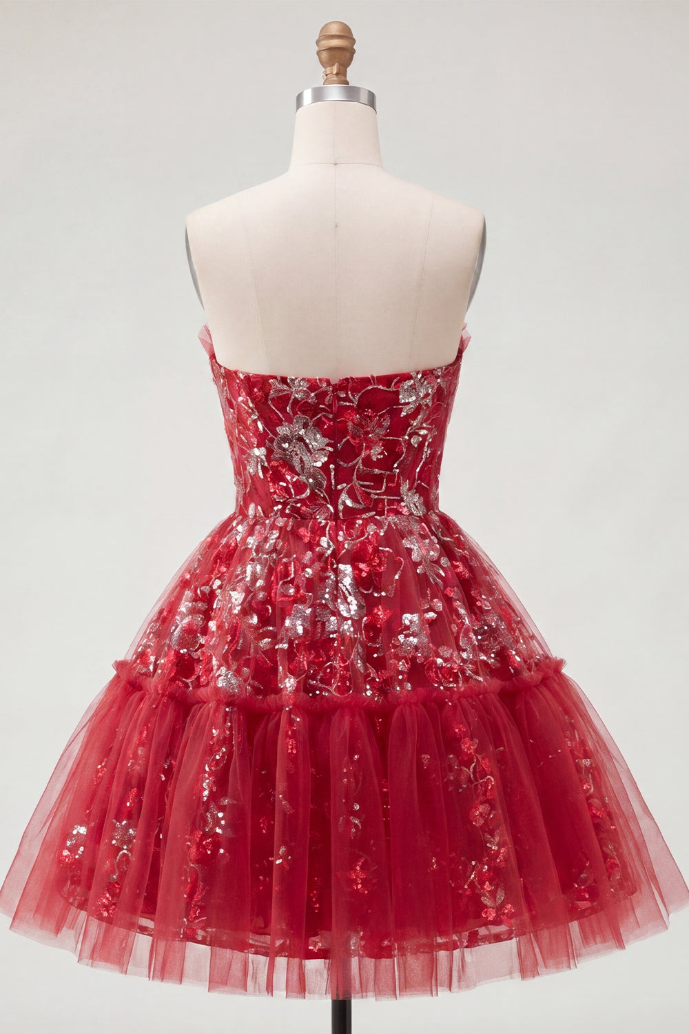 A Line Sparkly Red Short Beaded Ruched Floral Homecoming Dress with Ruffles