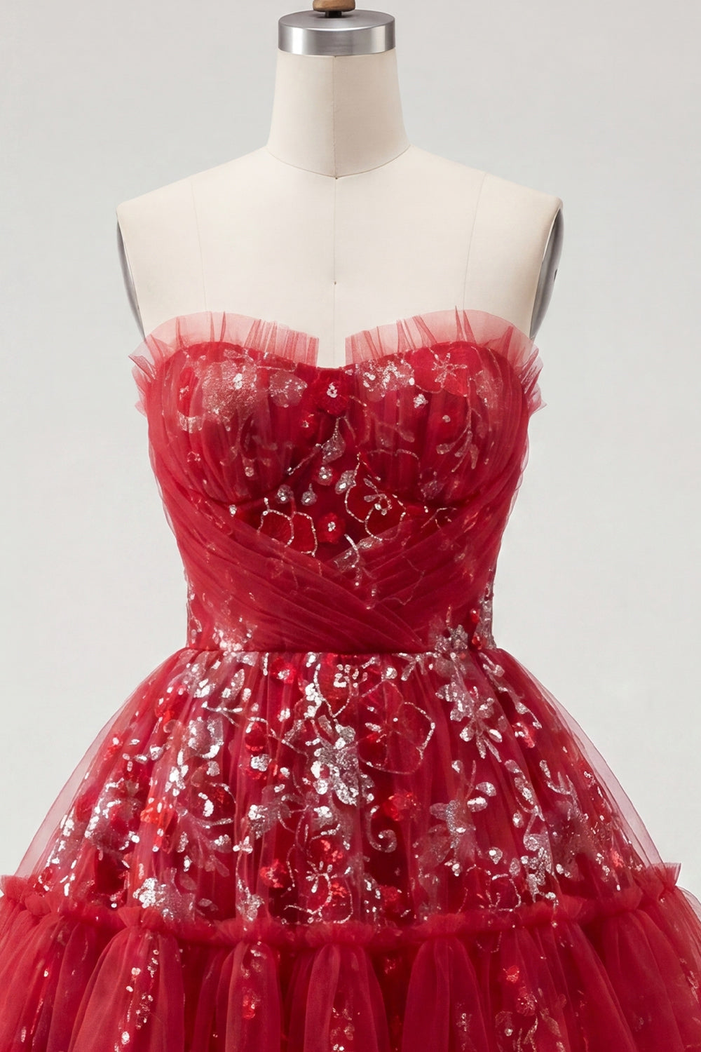 A Line Sparkly Red Short Beaded Ruched Floral Homecoming Dress with Ruffles