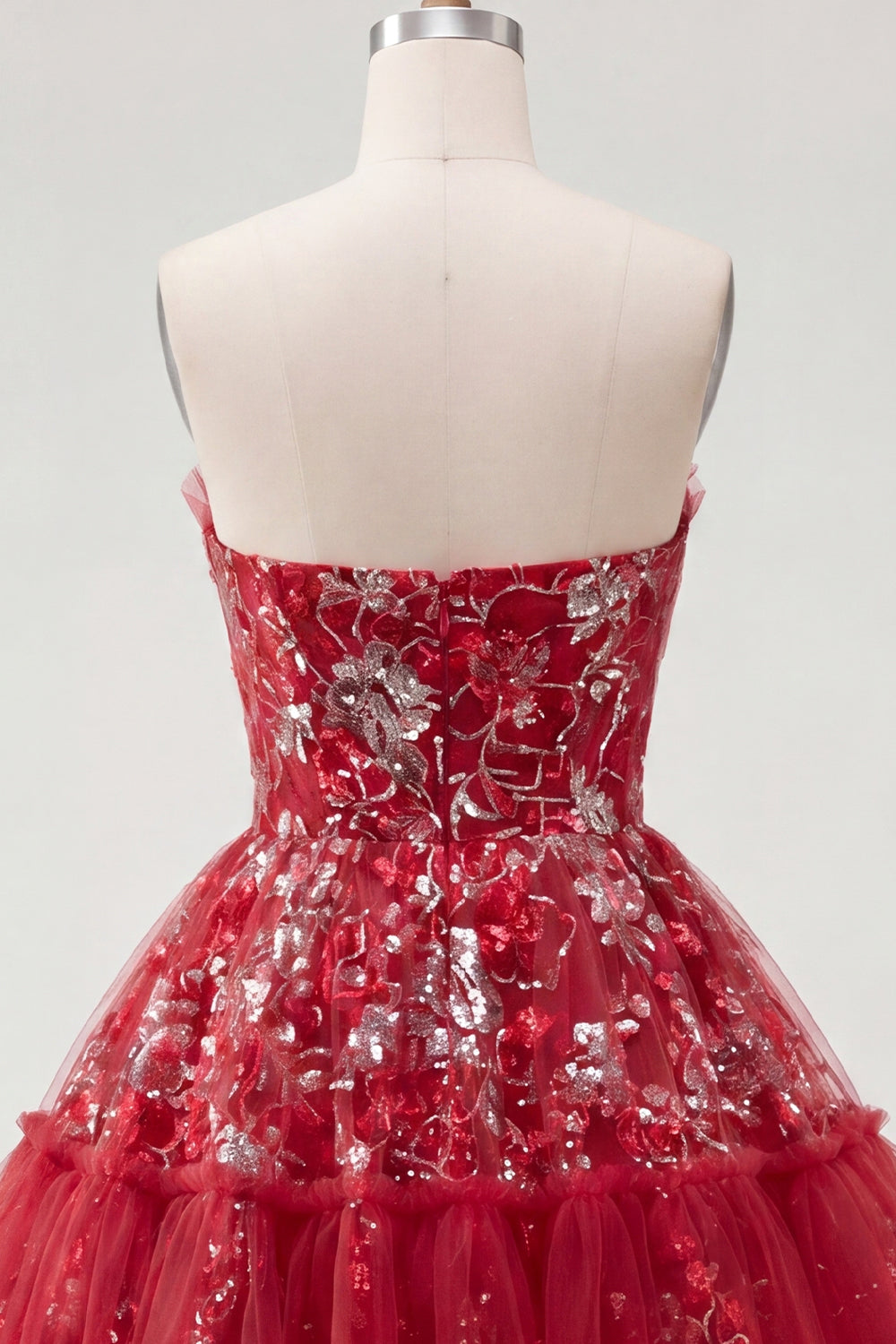 A Line Sparkly Red Short Beaded Ruched Floral Homecoming Dress with Ruffles