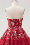 A Line Sparkly Red Short Beaded Ruched Floral Homecoming Dress with Ruffles
