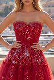 A Line Sparkly Red Short Beaded Ruched Floral Homecoming Dress with Ruffles