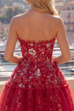 A Line Sparkly Red Short Beaded Ruched Floral Homecoming Dress with Ruffles