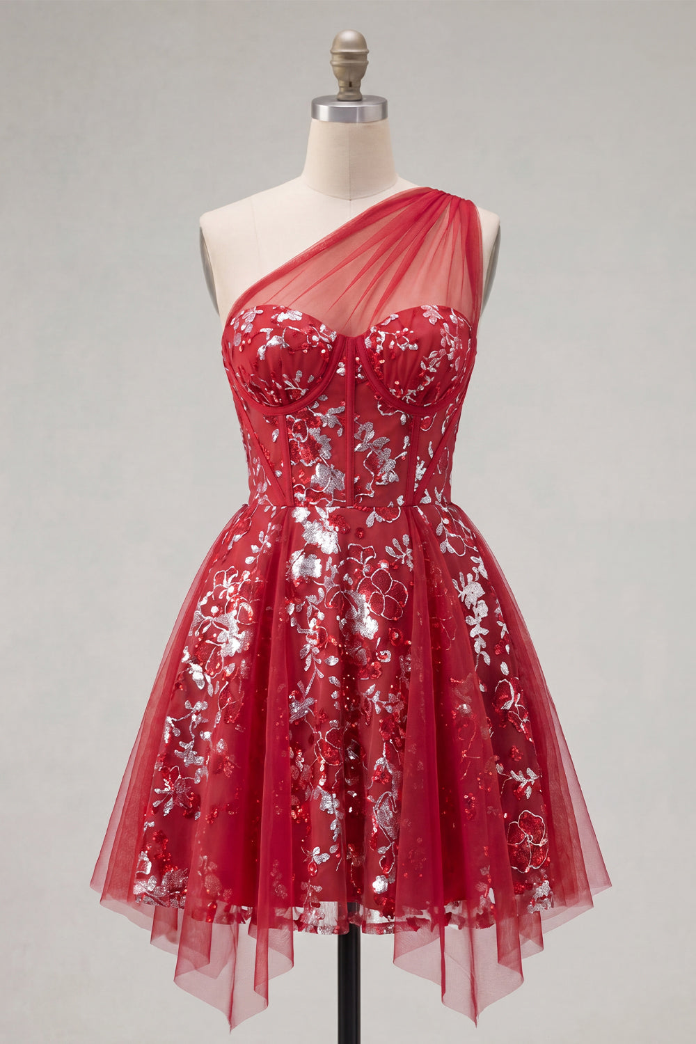 Floral Corset A Line Sparkly Red Short Beaded Homecoming Dress with Ruffles