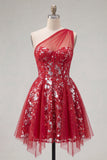 Floral Corset A Line Sparkly Red Short Beaded Homecoming Dress with Ruffles