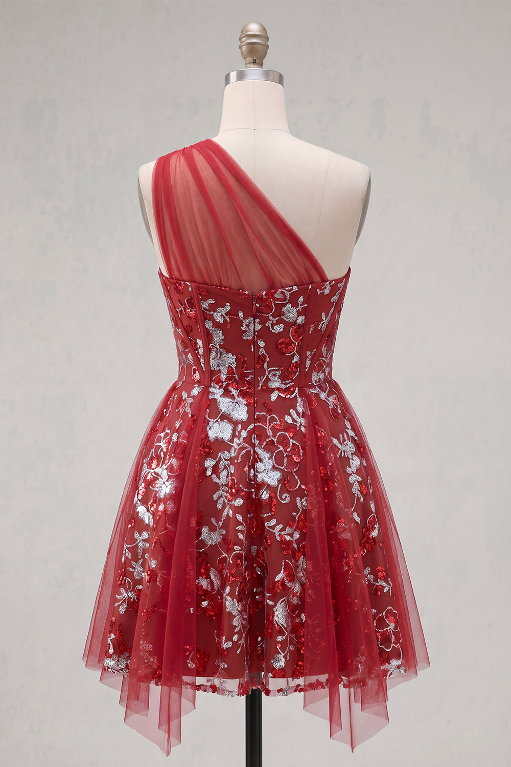 Floral Corset A Line Sparkly Red Short Beaded Homecoming Dress with Ruffles