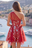 Floral Corset A Line Sparkly Red Short Beaded Homecoming Dress with Ruffles