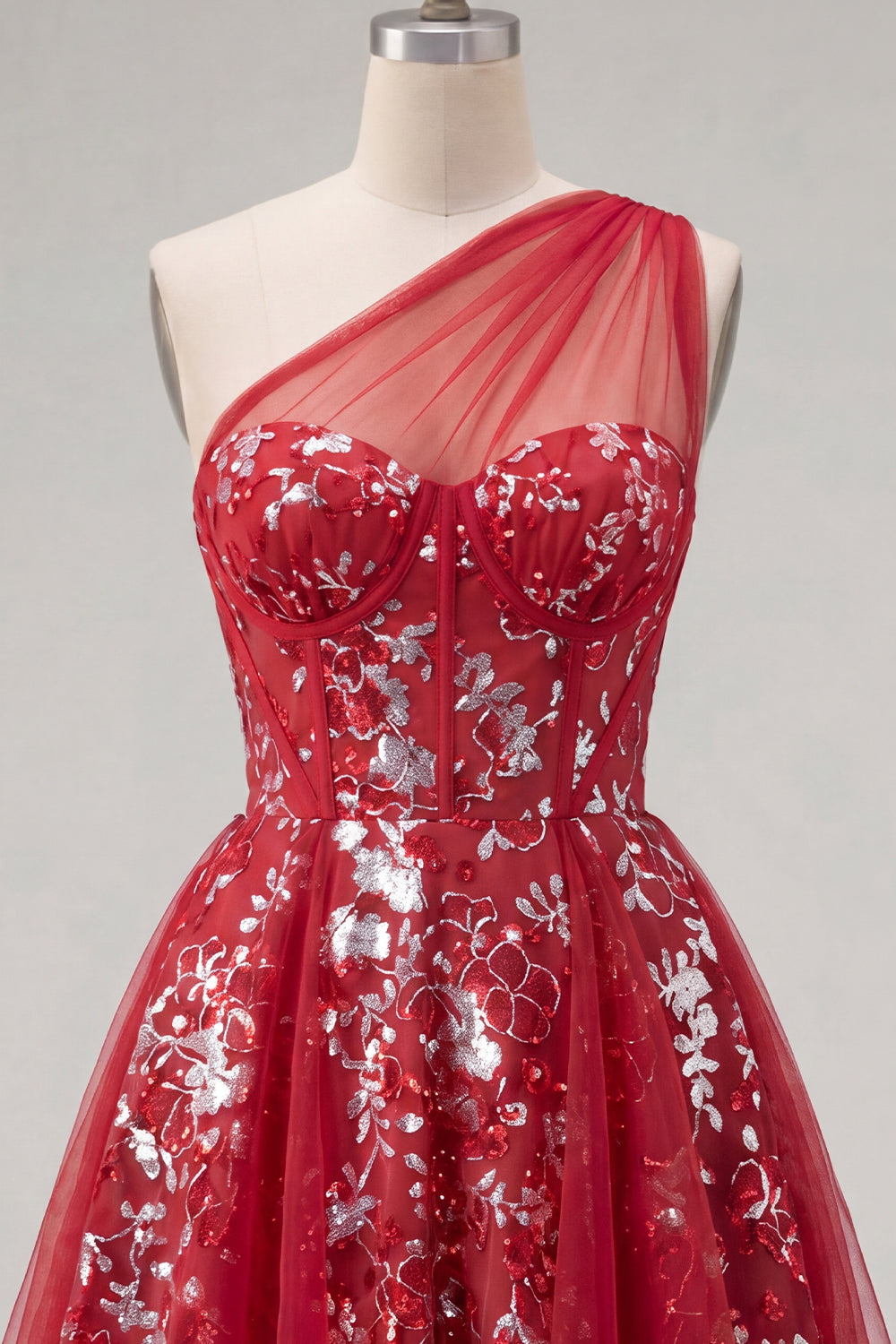 Floral Corset A Line Sparkly Red Short Beaded Homecoming Dress with Ruffles