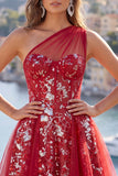 Floral Corset A Line Sparkly Red Short Beaded Homecoming Dress with Ruffles