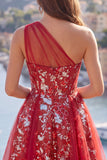 Floral Corset A Line Sparkly Red Short Beaded Homecoming Dress with Ruffles