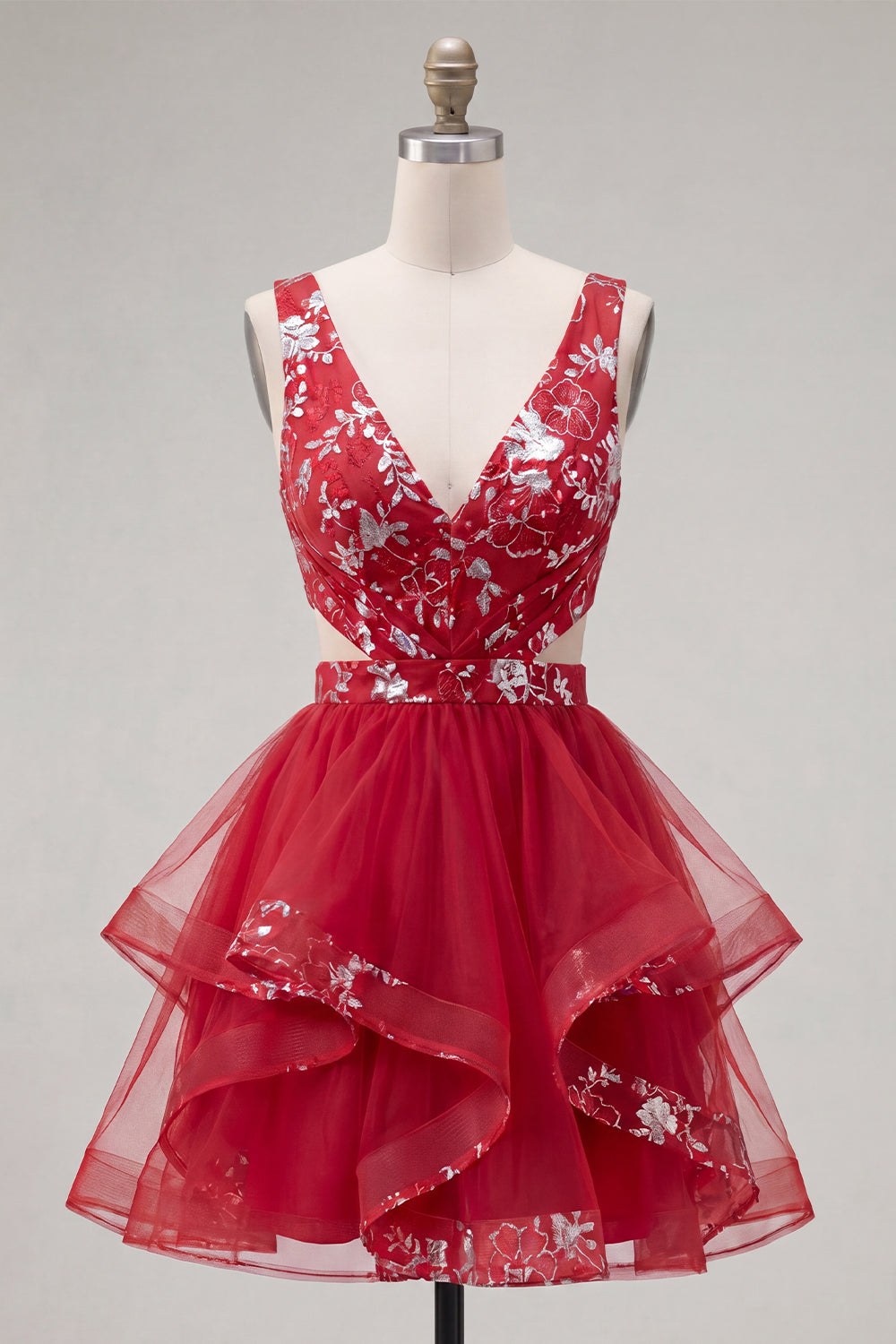 Red A Line Short Ruched Floral Cut Out Homecoming Dress with Ruffles