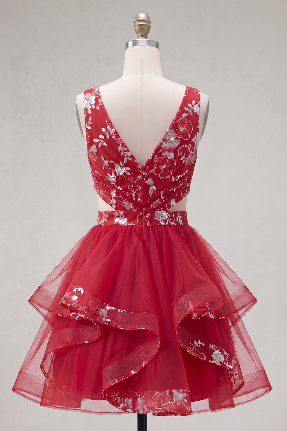 Red A Line Short Ruched Floral Cut Out Homecoming Dress with Ruffles