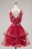 Red A Line Short Ruched Floral Cut Out Homecoming Dress with Ruffles