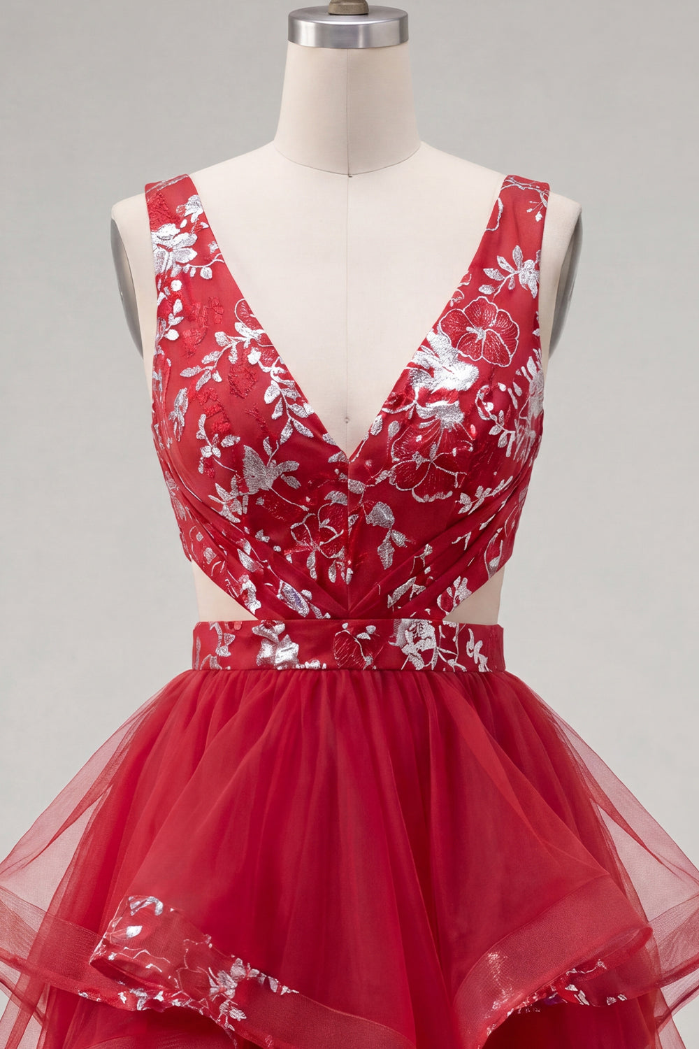 Red A Line Short Ruched Floral Cut Out Homecoming Dress with Ruffles
