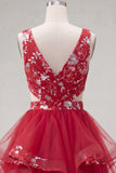 Red A Line Short Ruched Floral Cut Out Homecoming Dress with Ruffles