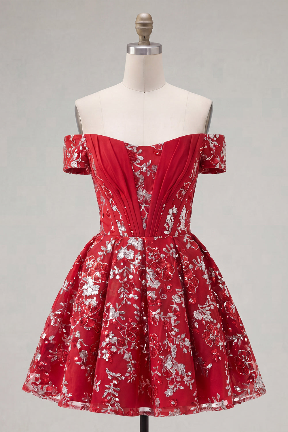 Short Sparkly Red Floral Corset A Line Homecoming Dress with Beading