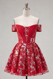 Short Sparkly Red Floral Corset A Line Homecoming Dress with Beading