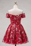 Short Sparkly Red Floral Corset A Line Homecoming Dress with Beading