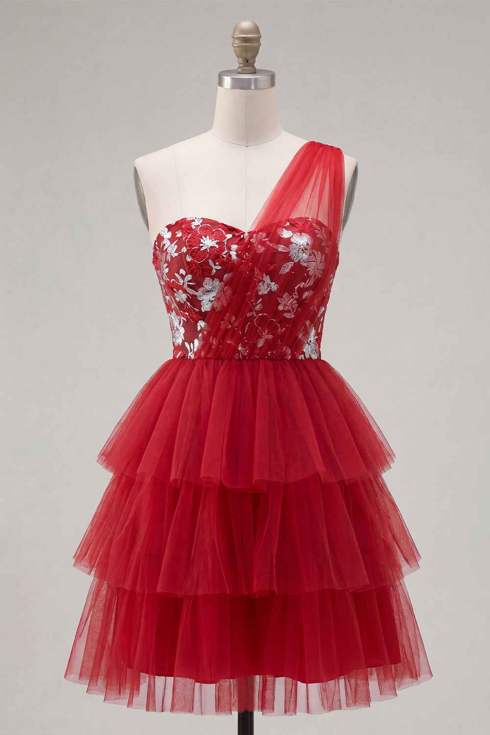 One Shoulder Floral A Line Red Short Homecoming Dress with Ruffles