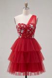 One Shoulder Floral A Line Red Short Homecoming Dress with Ruffles