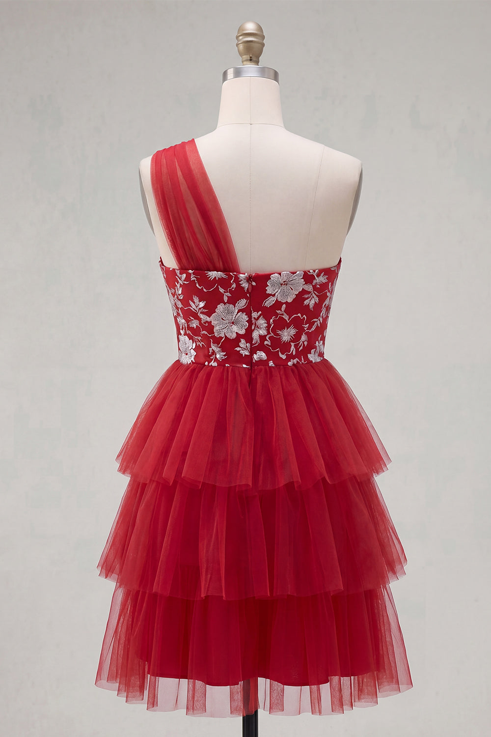 One Shoulder Floral A Line Red Short Homecoming Dress with Ruffles