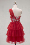 One Shoulder Floral A Line Red Short Homecoming Dress with Ruffles