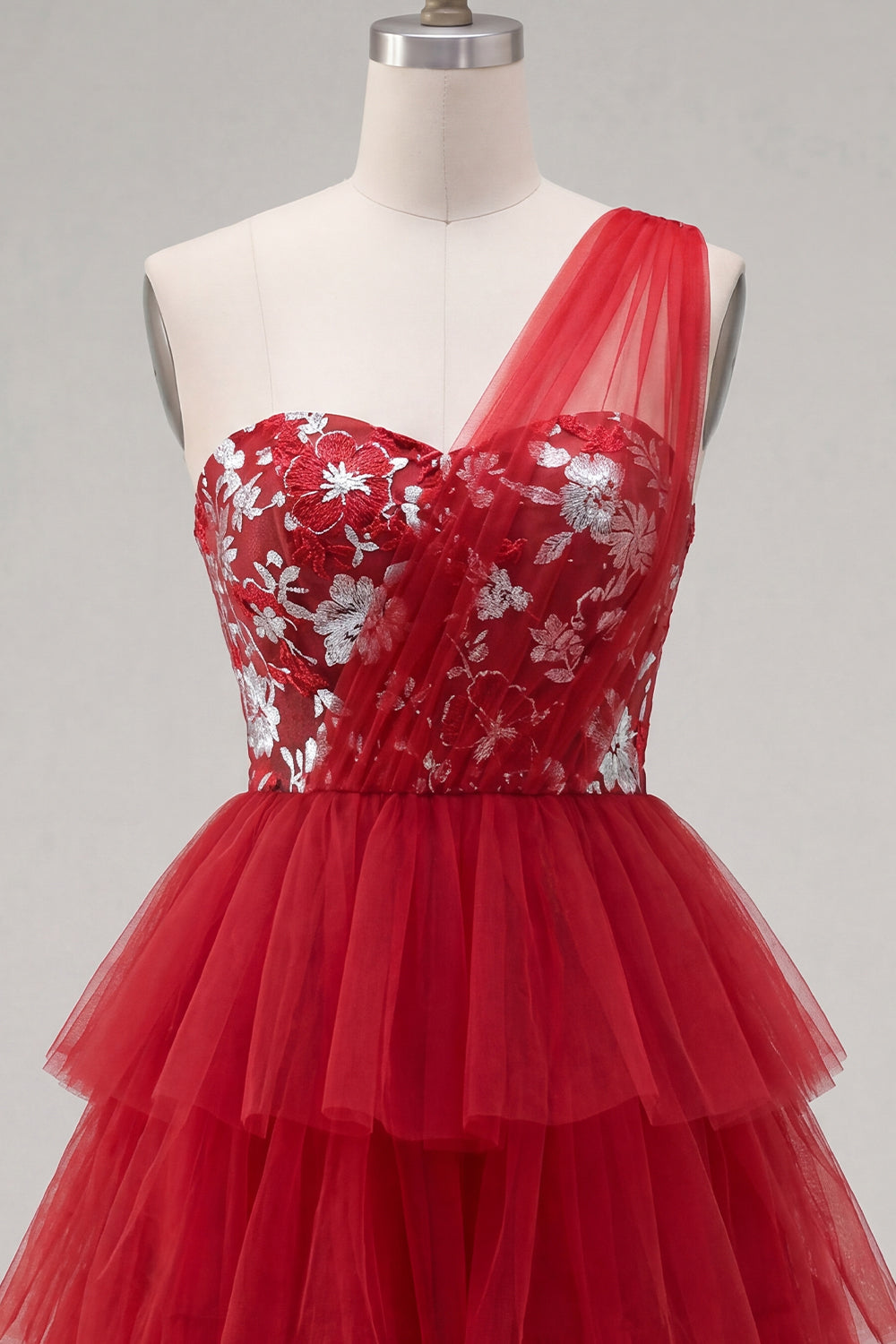 One Shoulder Floral A Line Red Short Homecoming Dress with Ruffles