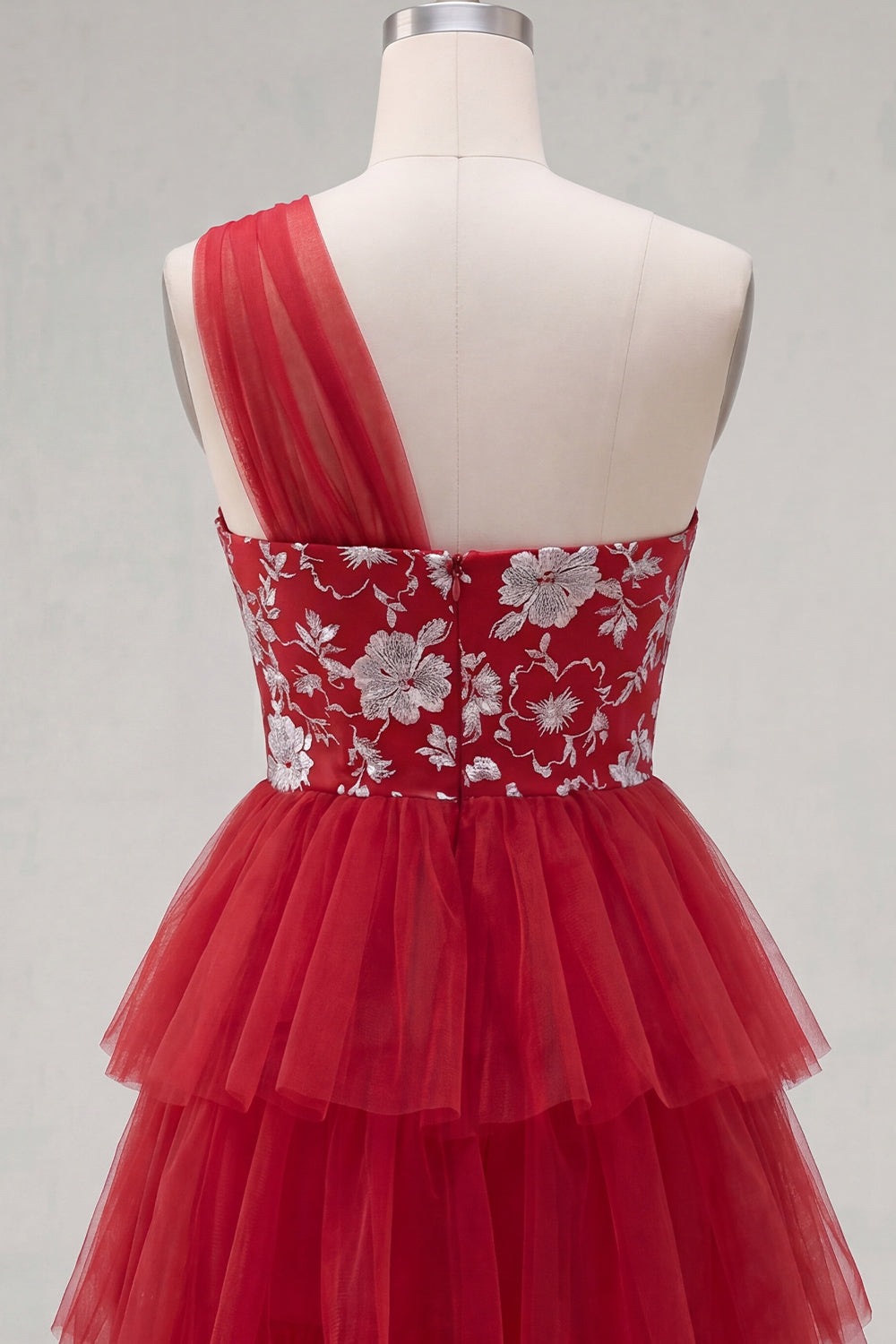 One Shoulder Floral A Line Red Short Homecoming Dress with Ruffles