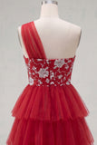 One Shoulder Floral A Line Red Short Homecoming Dress with Ruffles