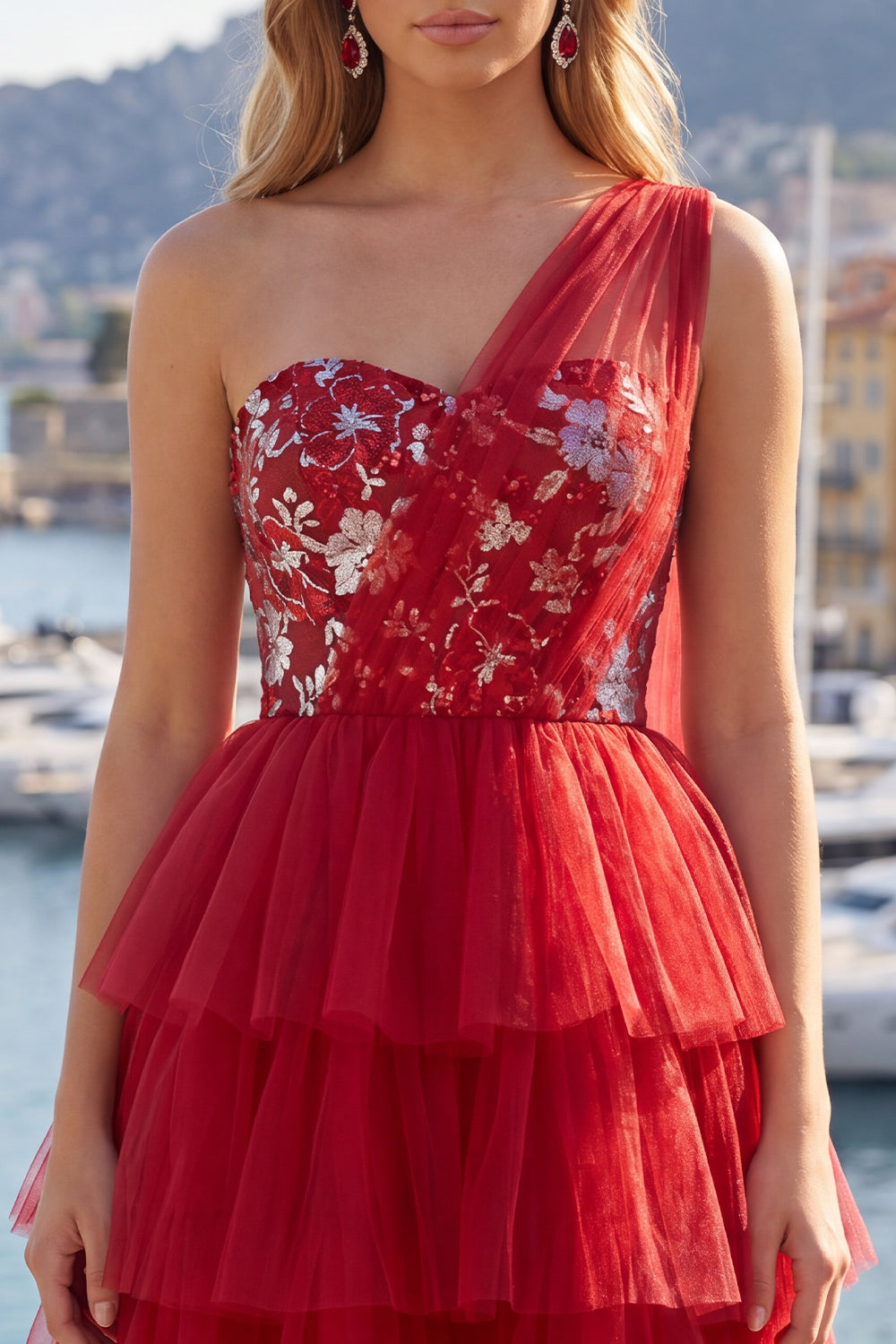 One Shoulder Floral A Line Red Short Homecoming Dress with Ruffles