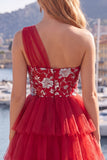 One Shoulder Floral A Line Red Short Homecoming Dress with Ruffles