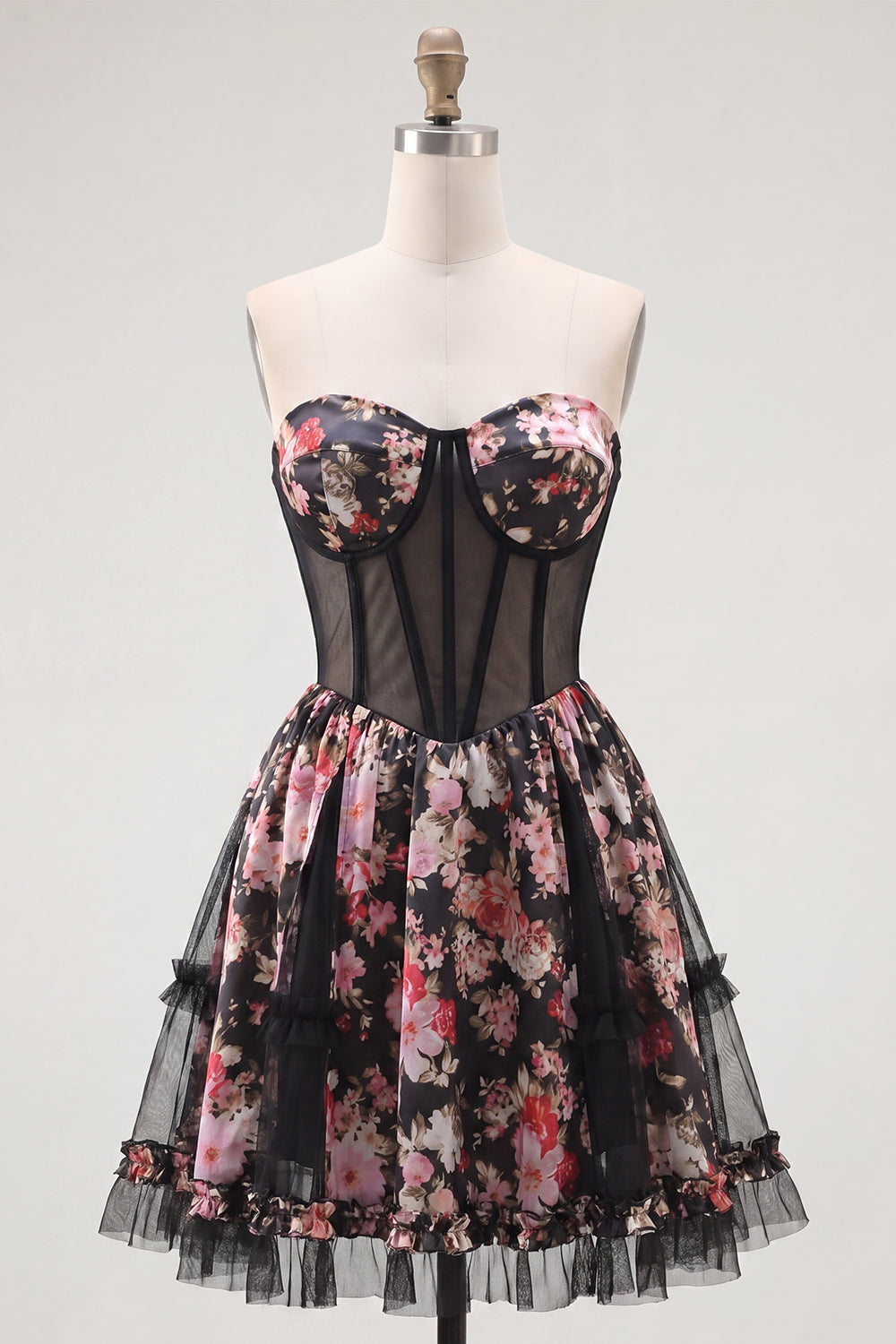 Black Pink Flower Strapless A Line Short Corset Homecoming Dress