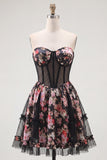 Black Pink Flower Strapless A Line Short Corset Homecoming Dress