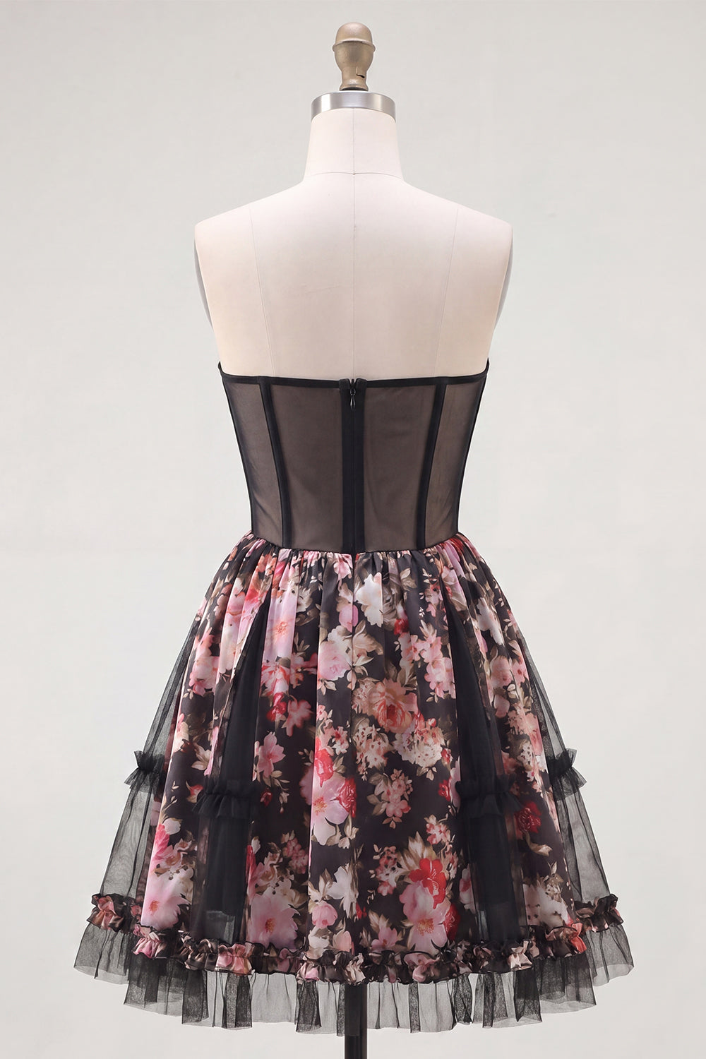 Black Pink Flower Strapless A Line Short Corset Homecoming Dress