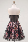Black Pink Flower Strapless A Line Short Corset Homecoming Dress