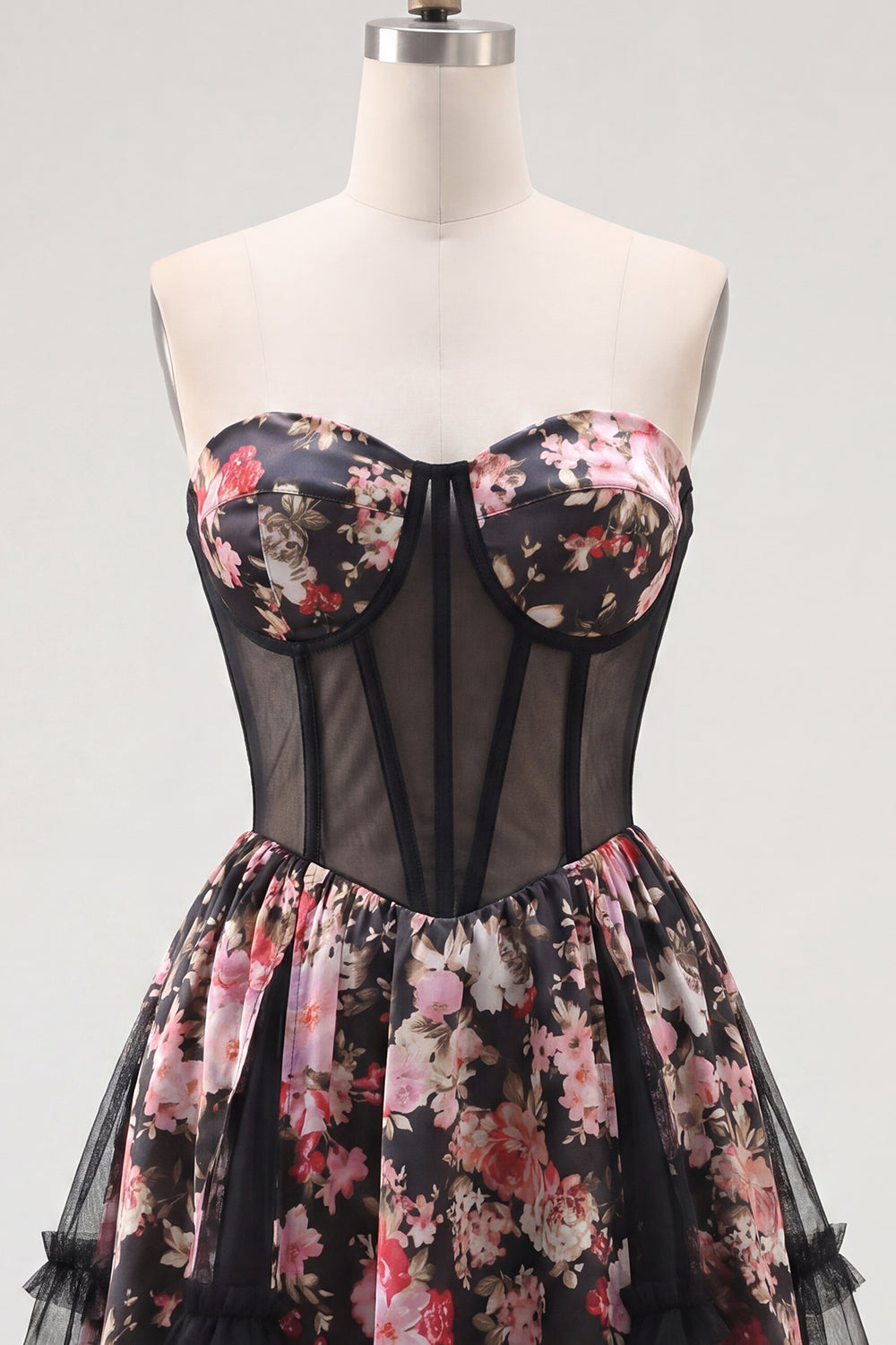 Black Pink Flower Strapless A Line Short Corset Homecoming Dress