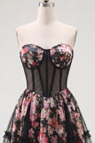 Black Pink Flower Strapless A Line Short Corset Homecoming Dress