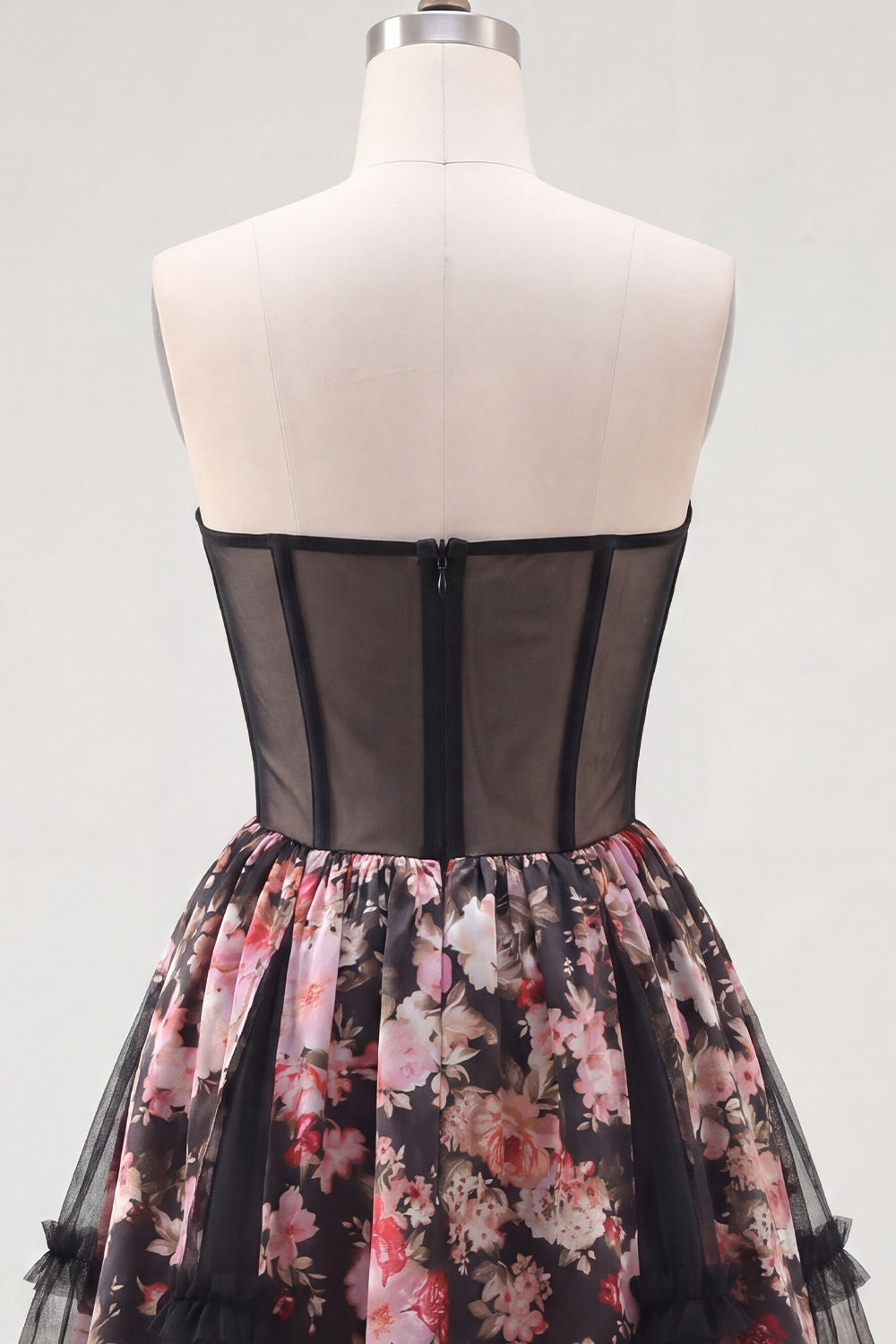 Black Pink Flower Strapless A Line Short Corset Homecoming Dress