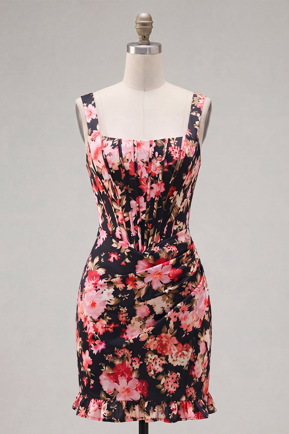 Tight Short Black Pink Flower Thick Straps Corset Homecoming Dress with Ruffles